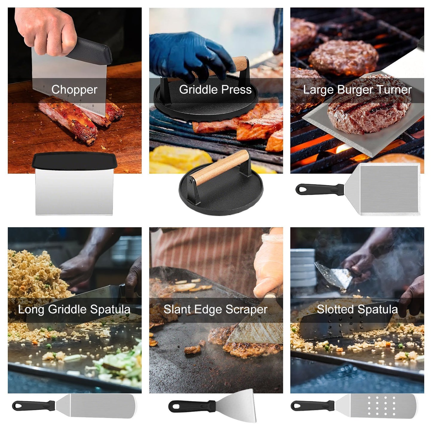 Griddle Accessories Kit Flat Top Grill Accessories For Camp Chef With Spatulas Griddle Press Basting Cover Spice Shakers Vegetable Forks Steel Sticks Egg Rings Storage Bag