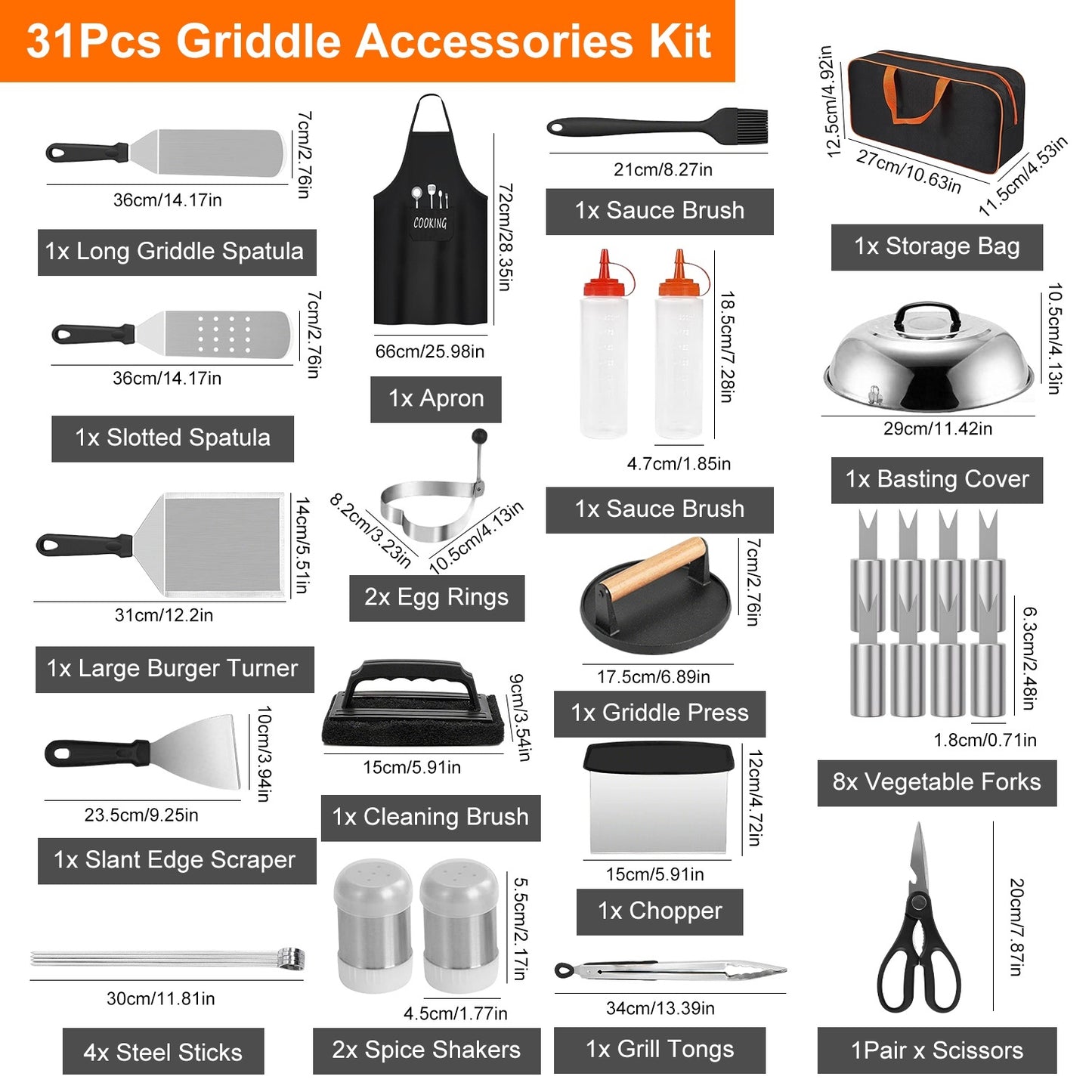 Griddle Accessories Kit Flat Top Grill Accessories For Camp Chef With Spatulas Griddle Press Basting Cover Spice Shakers Vegetable Forks Steel Sticks Egg Rings Storage Bag