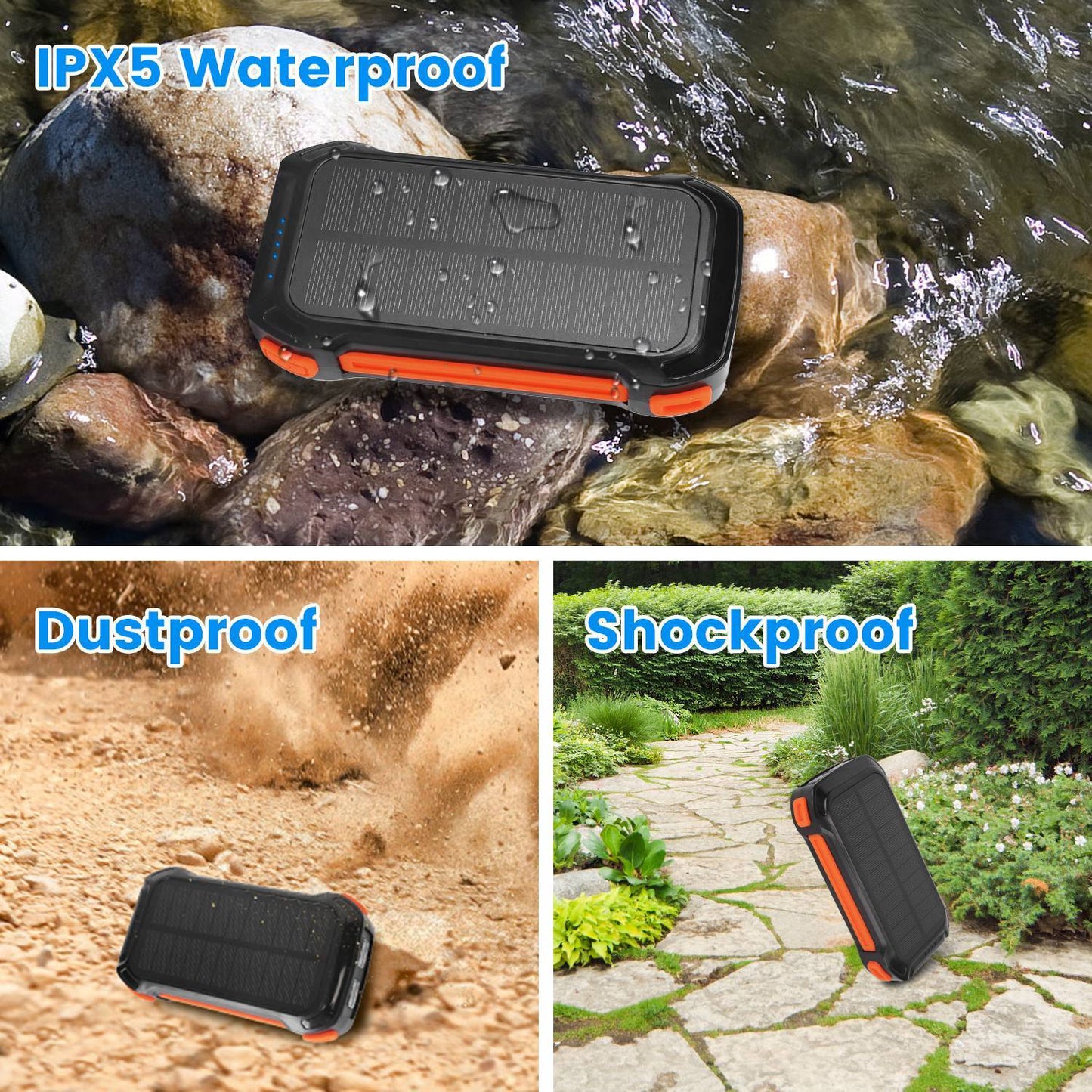 Solar Charger Power Bank Wireless Charging LED Flashlight For Camping Hiking