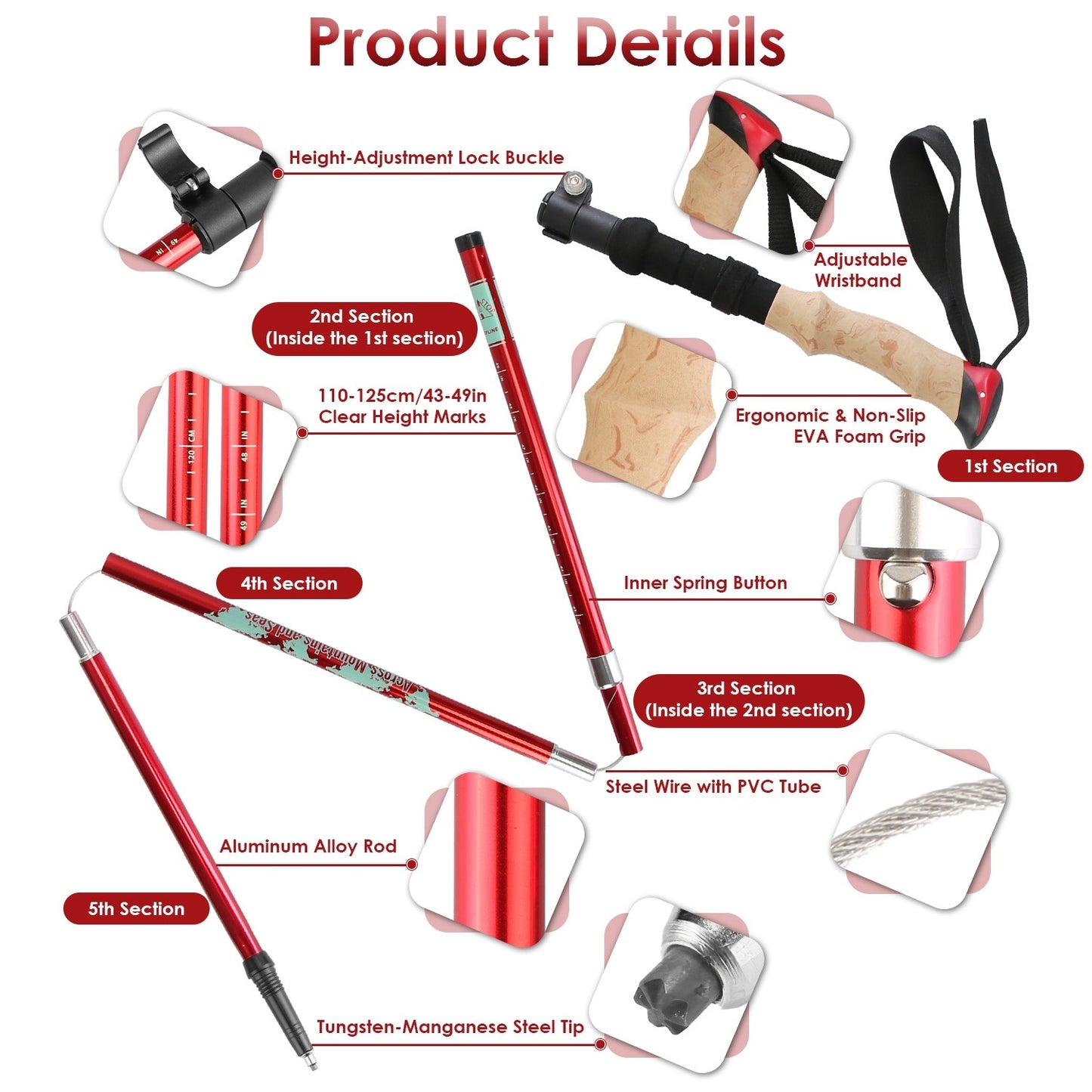 Walking Sticks Collapsible Hiking Poles Folding Aluminum Trekking Poles