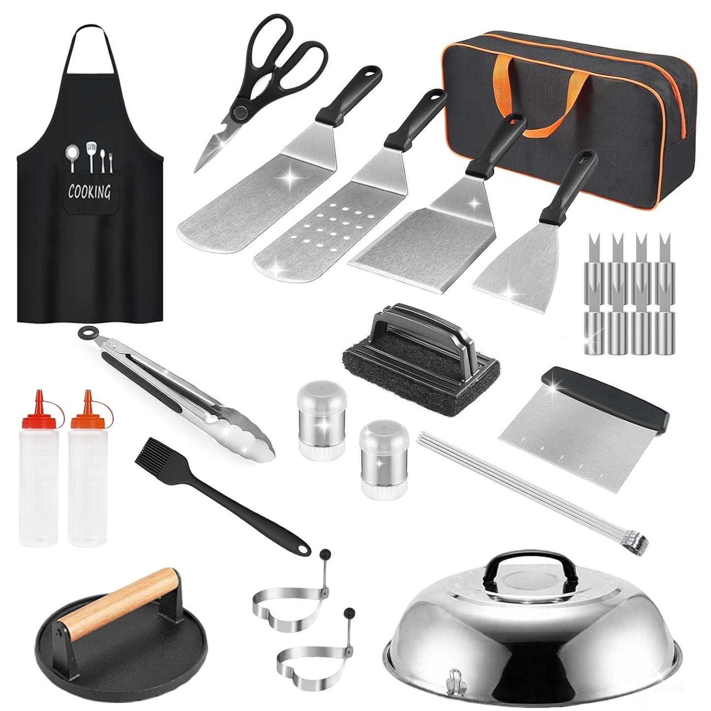 Griddle Accessories Kit Flat Top Grill Accessories For Camp Chef With Spatulas Griddle Press Basting Cover Spice Shakers Vegetable Forks Steel Sticks Egg Rings Storage Bag